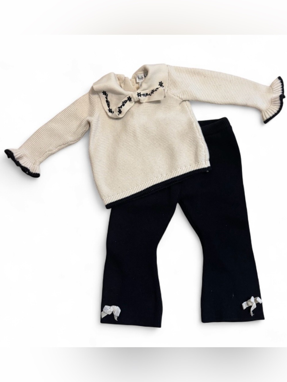 Nicole Miller Cream Sweater Top with Black Knit Pants Set